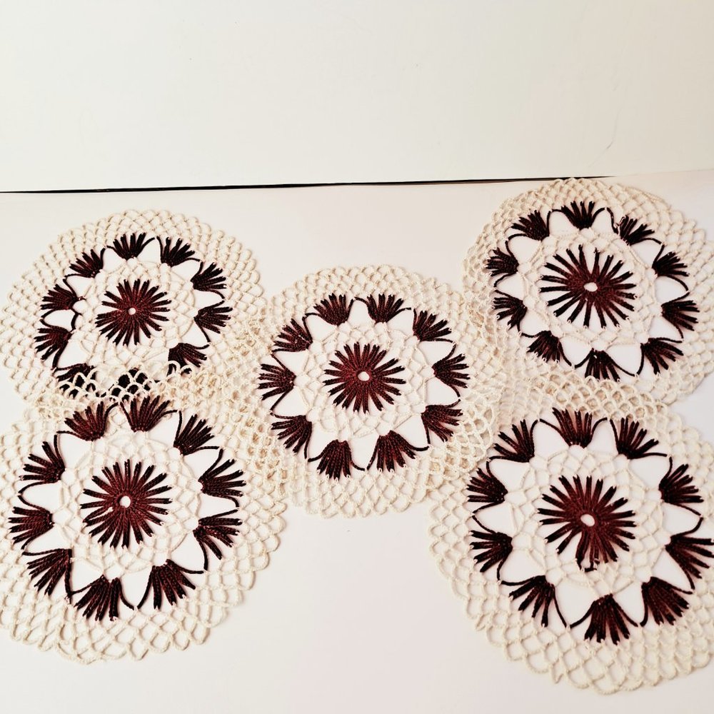5 Vintage Crocheted Doilies Ivory & Red Handmade